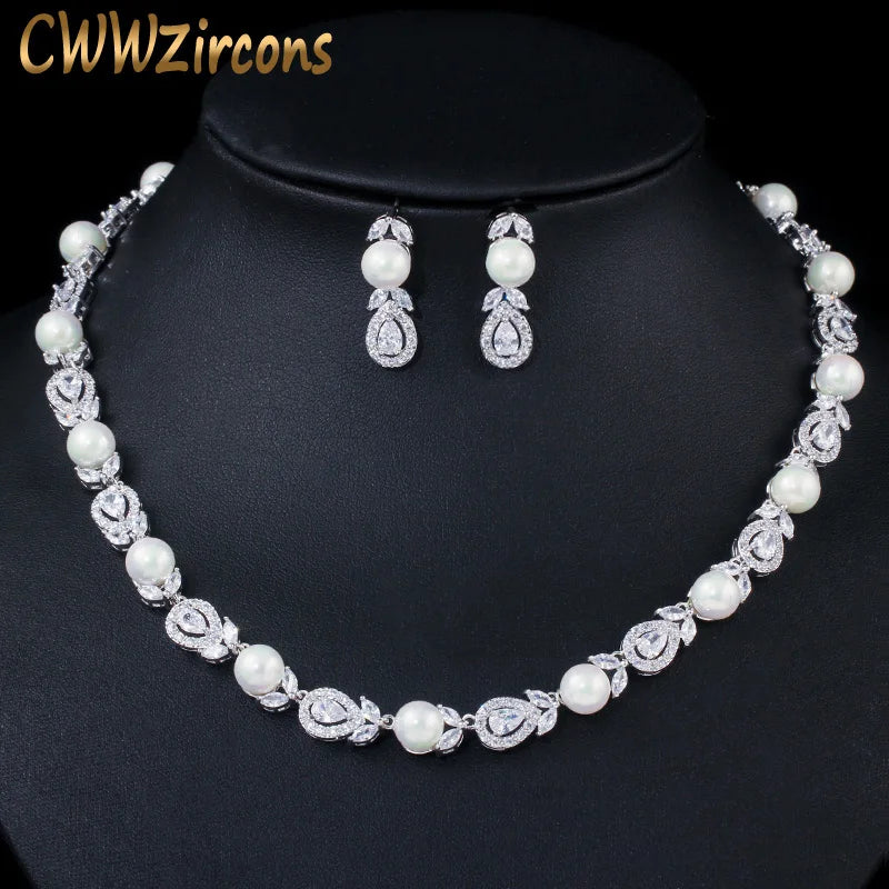 Luxury Big Round Leaf Cubic Zircon Necklace Bridal Pearl Jewelry Sets Women Wedding Party Costume Jewellery T363