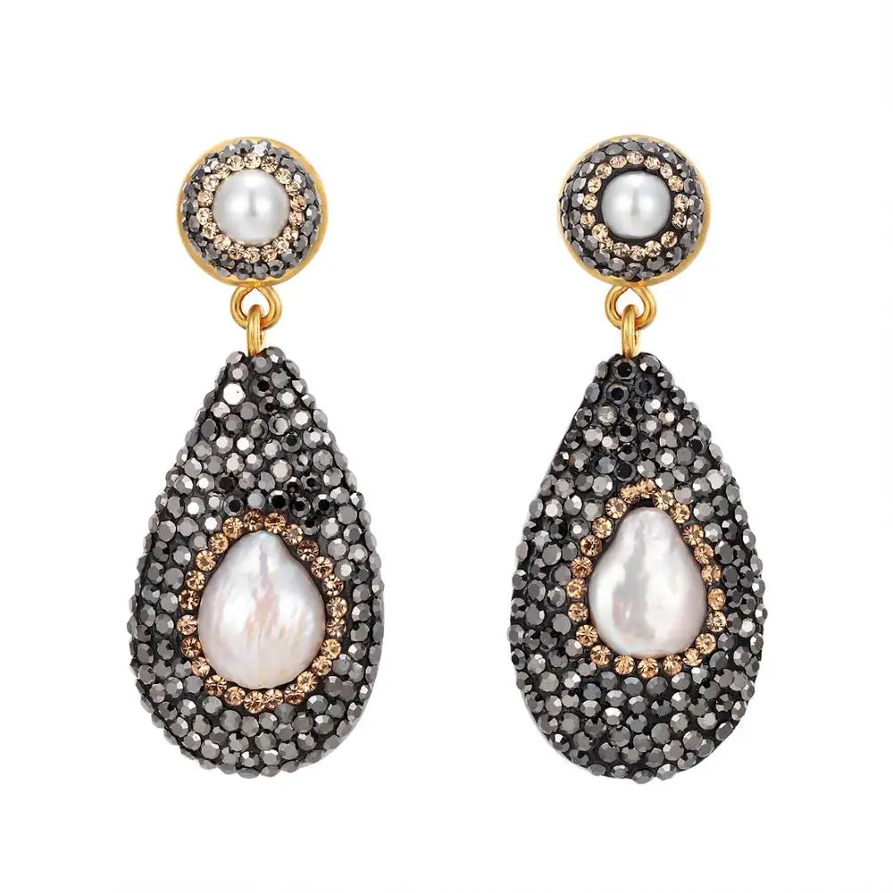 Classic Drop Fresh Water Pearl Earrings Women Jewellery Set Fashion Black Rhinestone Inlaid Pearl Necklace 2020 Wedding Jewelry