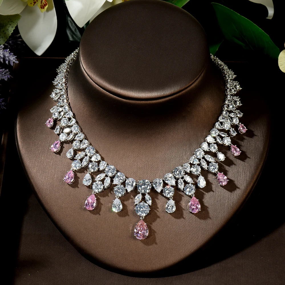 Luxury Wedding Jewelry Nigerian Design Cubic Zirconia Large Bridal Choker Necklace Earrings Sets For Women bijoux N-1454
