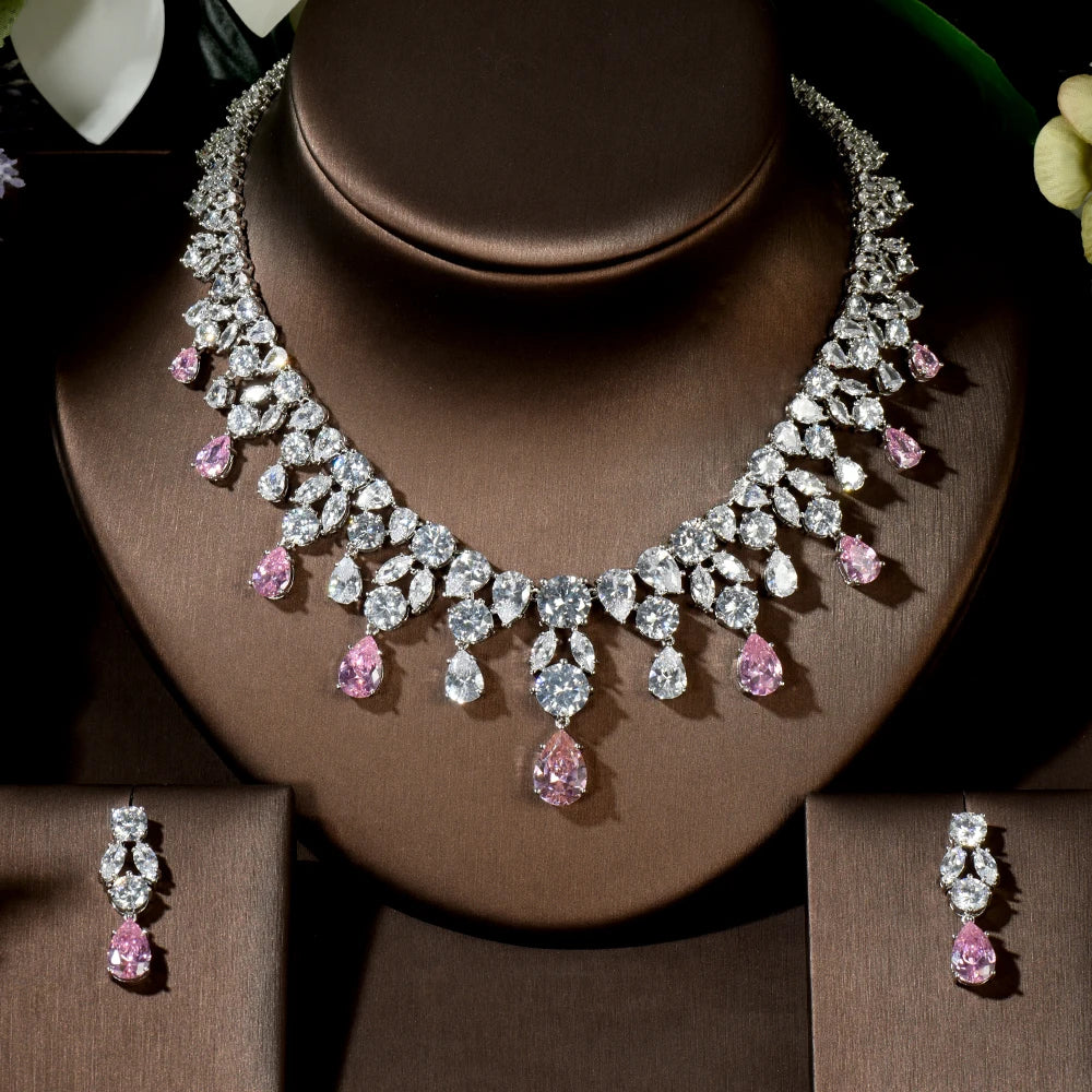 Luxury Wedding Jewelry Nigerian Design Cubic Zirconia Large Bridal Choker Necklace Earrings Sets For Women bijoux N-1454