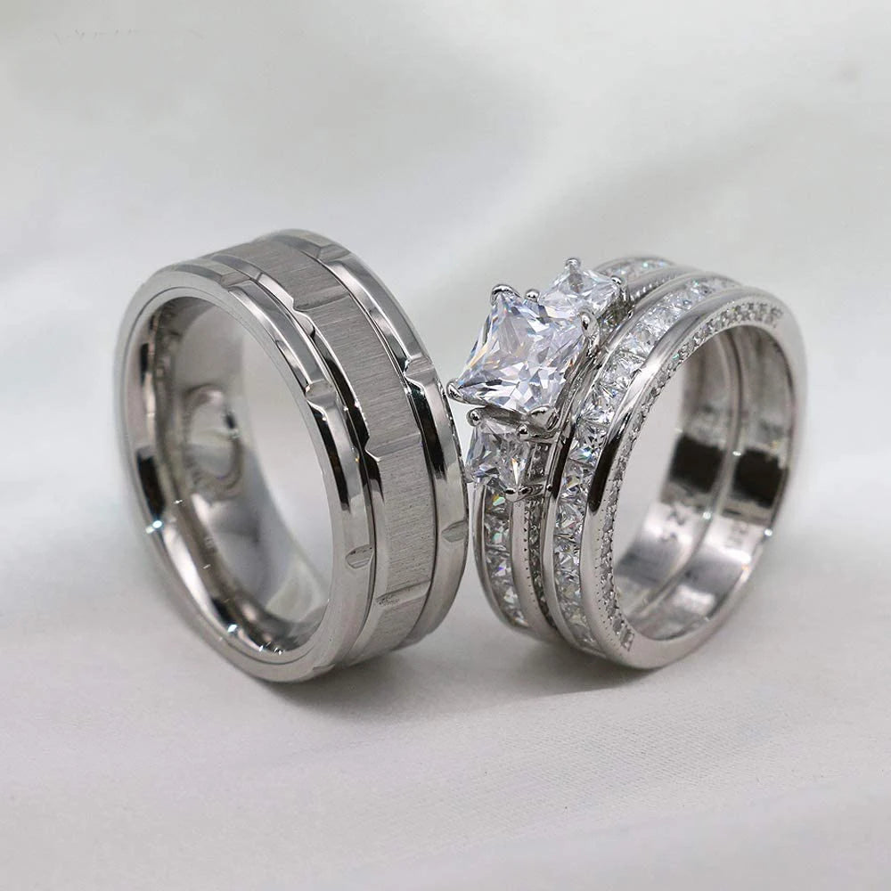 This set of couple rings features exquisite rhinestones and zirconia, with a simple stainless steel design for women and men. It is a fashionable piece of jewelry perfect for giving as a gift to a loved one.