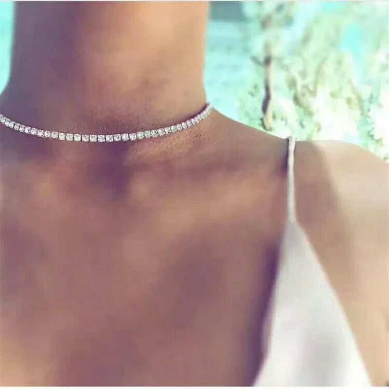 1 Row Rhinestone Tennis Chain Choker Necklace for Women Shine Silver Color Clavicle Neck Accessories Hip Hop Wedding Jewelry