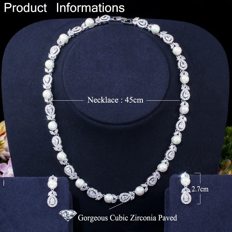 Luxury Big Round Leaf Cubic Zircon Necklace Bridal Pearl Jewelry Sets Women Wedding Party Costume Jewellery T363