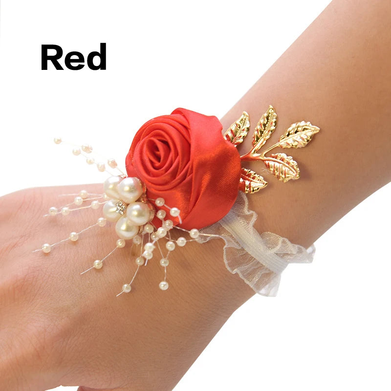 Girls Bridesmaid Wrist Flowers Wedding Prom Party Boutonniere Satin Rose Bracelet Fabric Hand Flowers Wedding Supply Accessories