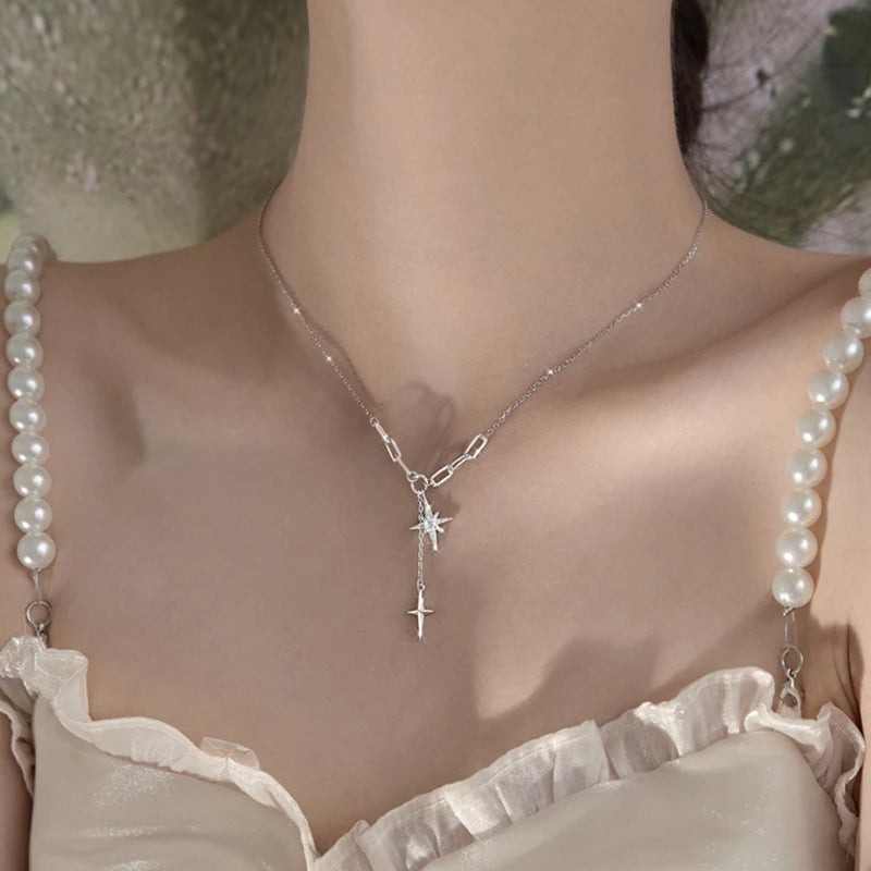 925 Sterling Silver Four-Pointed Star Necklace Simple Clavicle Chain Shiny Zircon Tassel Cross Pendant Party Wedding Jewelry