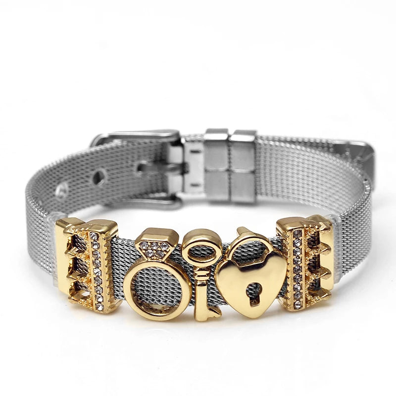 Silver Color Stainless Steel Mesh Watch Belt Bracelets For Women Men Couple Rose Gold Plated Lover Heart Charm Bracelet Bangle