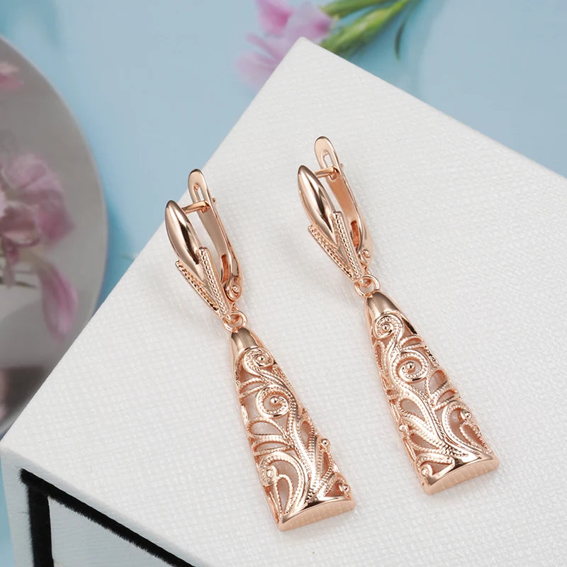 Kinel Hot Hollow Flower Dangle Earrings for Women Trendy 585 Rose Gold Color Ethnic Long Big Earrings Vintage Wedding Jewelry