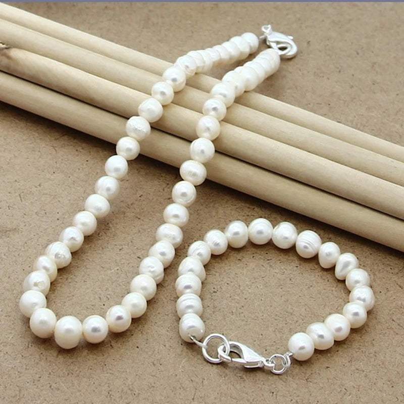 New 8mm Natural Pearl Beaded Chain 925 Silver Clasp Necklace Bracelet Set For Women'S Wedding Engagement Party Jewelry