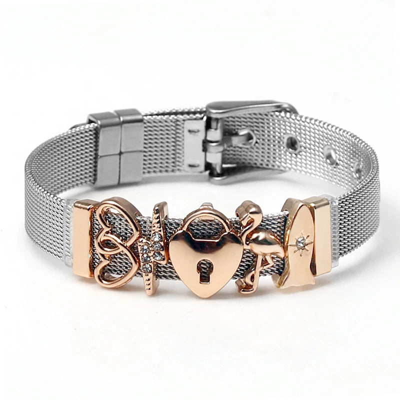 Silver Color Stainless Steel Mesh Watch Belt Bracelets For Women Men Couple Rose Gold Plated Lover Heart Charm Bracelet Bangle