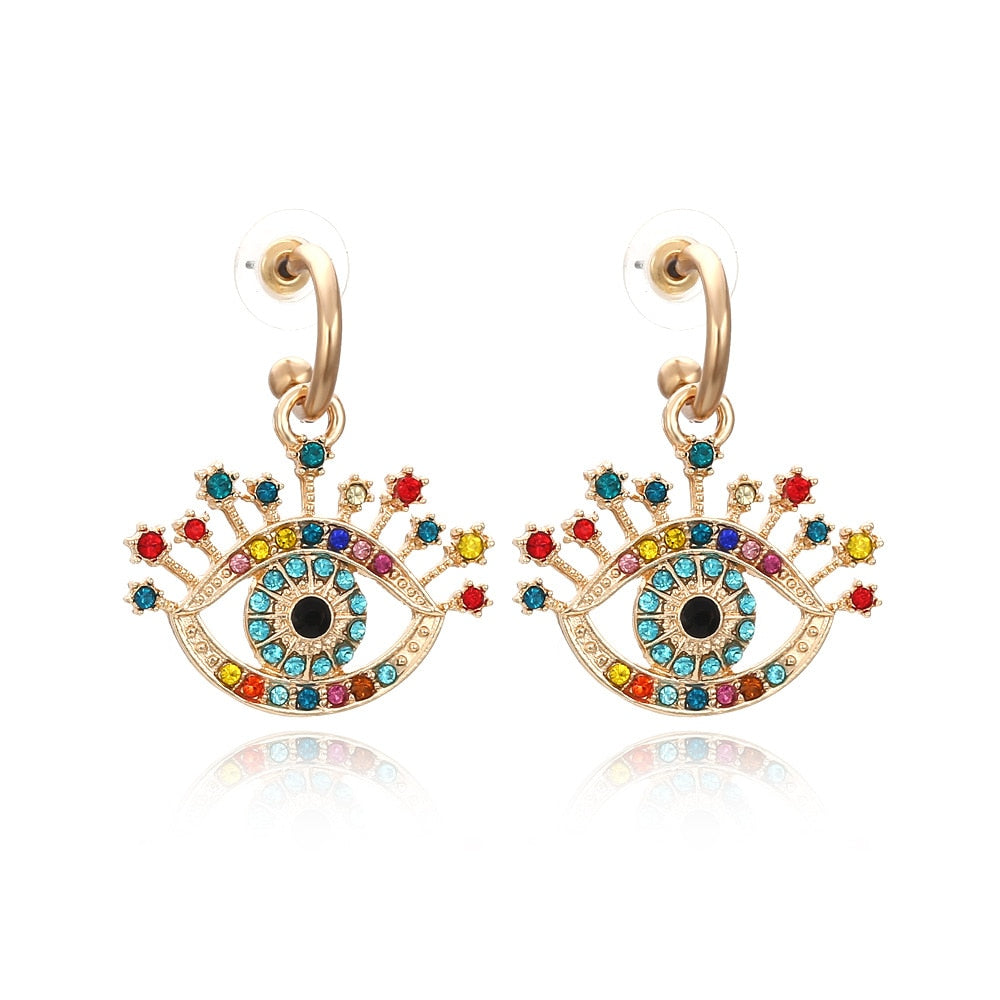 Fashion-forward and flashy, these Geometric Rhinestone Evil Eye Statement Earrings offer beauty and style. Perfect for any look, these stunning earrings are crafted for women, making sure you dazzle wherever you go!