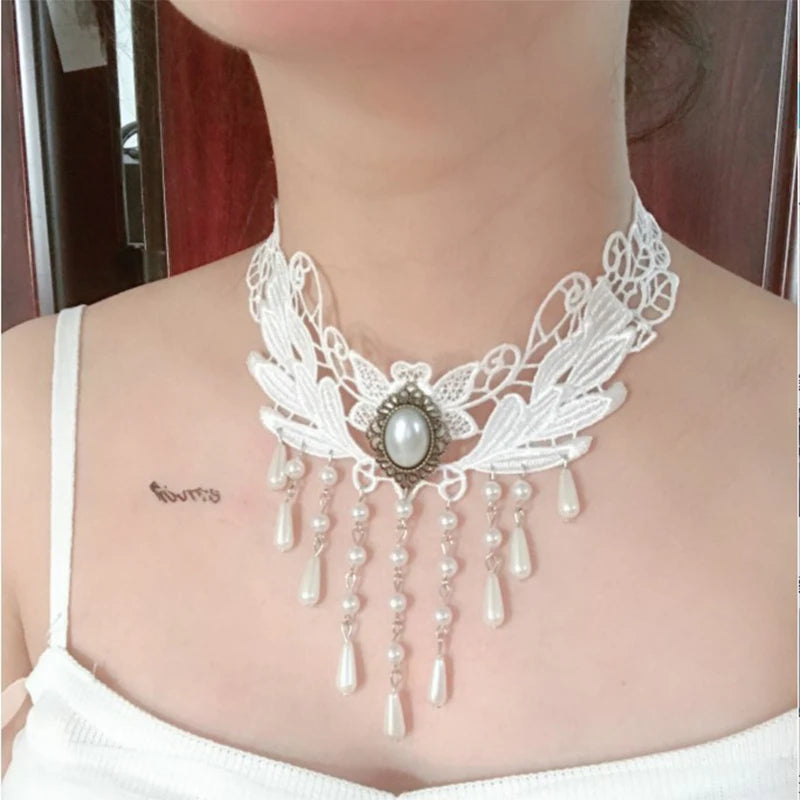 Imitation Pearl White Lace Choker Necklaces Bridal Jewelry Women Wedding tattoo Tassel Punk Style Lace Pendant Choker Necklace