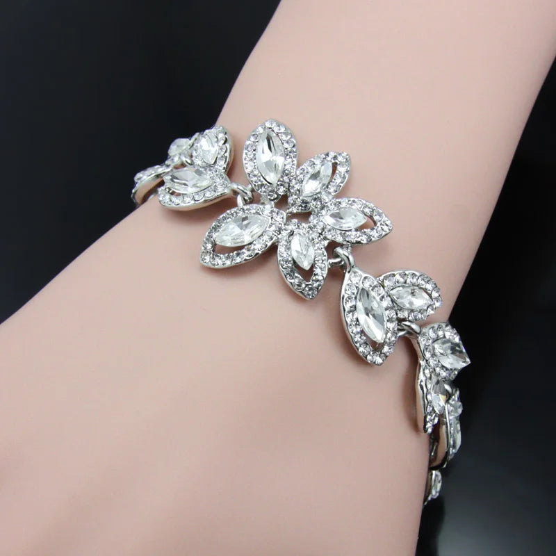Gold Silver Color Crystal Bridal Jewelry Sets Leaves Shape Bridal Bracelet Earrings Wedding Jewelry Sets for Women