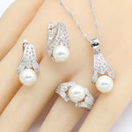 White Freshwater Pearl Silver Color Jewelry Sets Women Bracelet Earrings Necklace Pendant Rings Wedding Gift Box