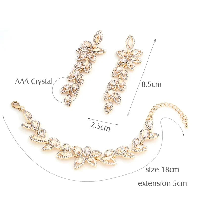 Gold Silver Color Crystal Bridal Jewelry Sets Leaves Shape Bridal Bracelet Earrings Wedding Jewelry Sets for Women