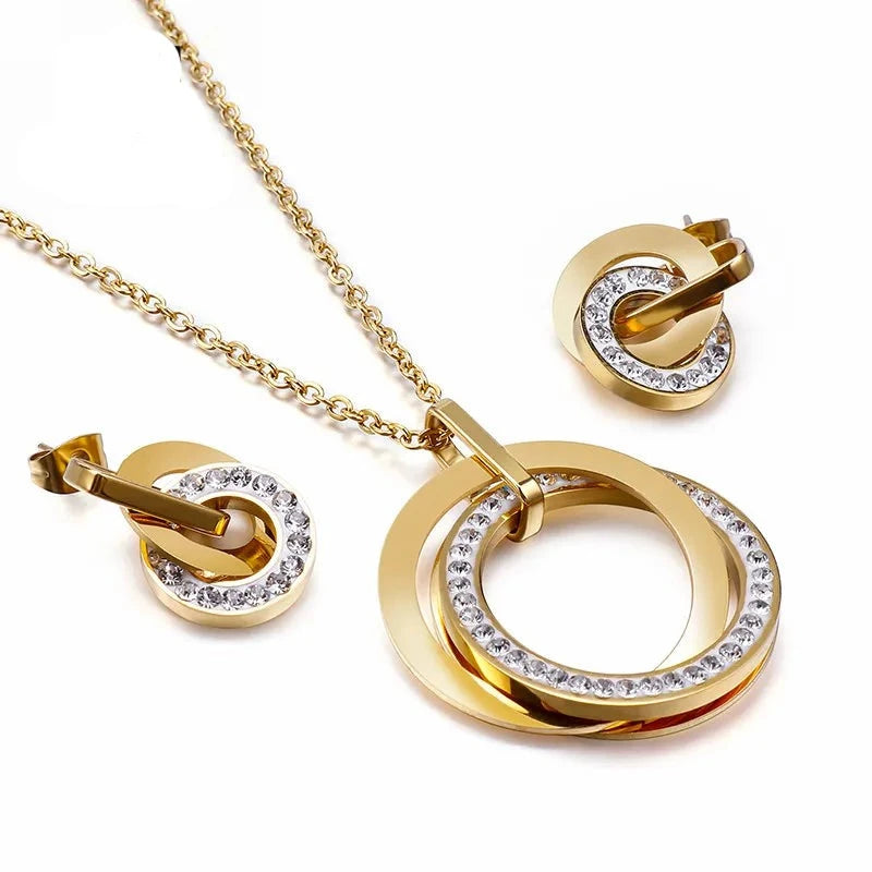 Stainless Steel Jewelry Sets For Women Three Rounds Pendant Necklace Earrings Set Women Fashion Zirconia Wedding Jewelry