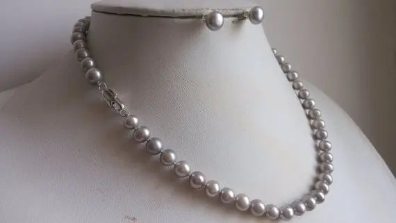 Unique Pearls jewellery Store 7-8mm Gray Freshwater Pearl Necklace Earrings Jewellery Set Charming Women Wedding Party Gift