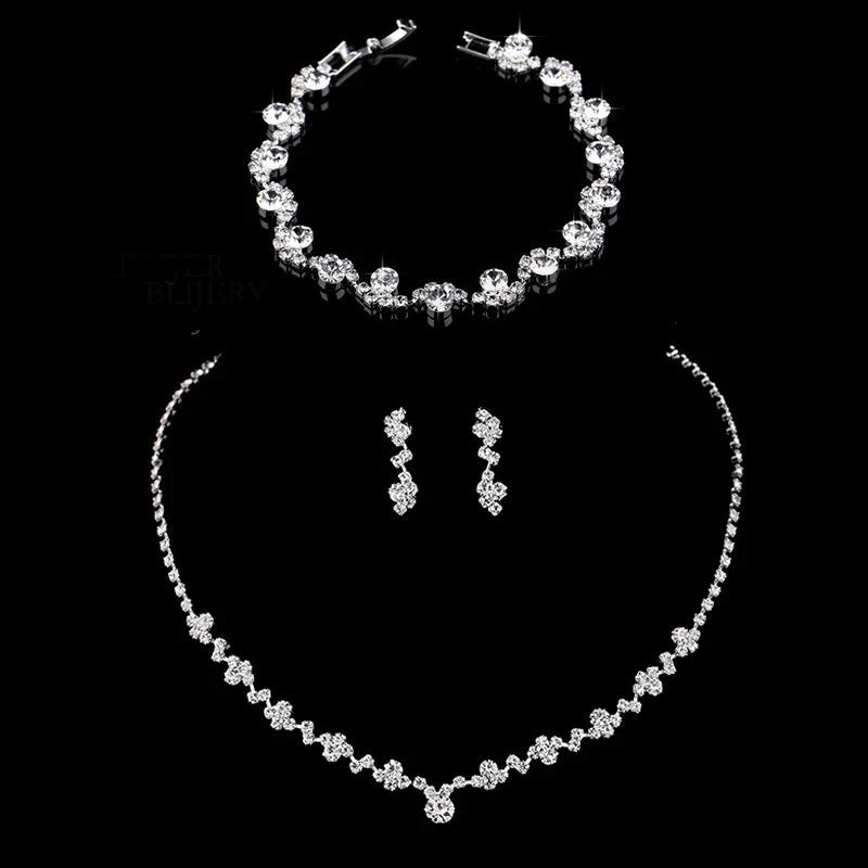 Fashion Crystal Bridal Jewelry Sets Silver Color Geometric Choker Necklace Earrings Bracelet Wedding Jewelry Sets