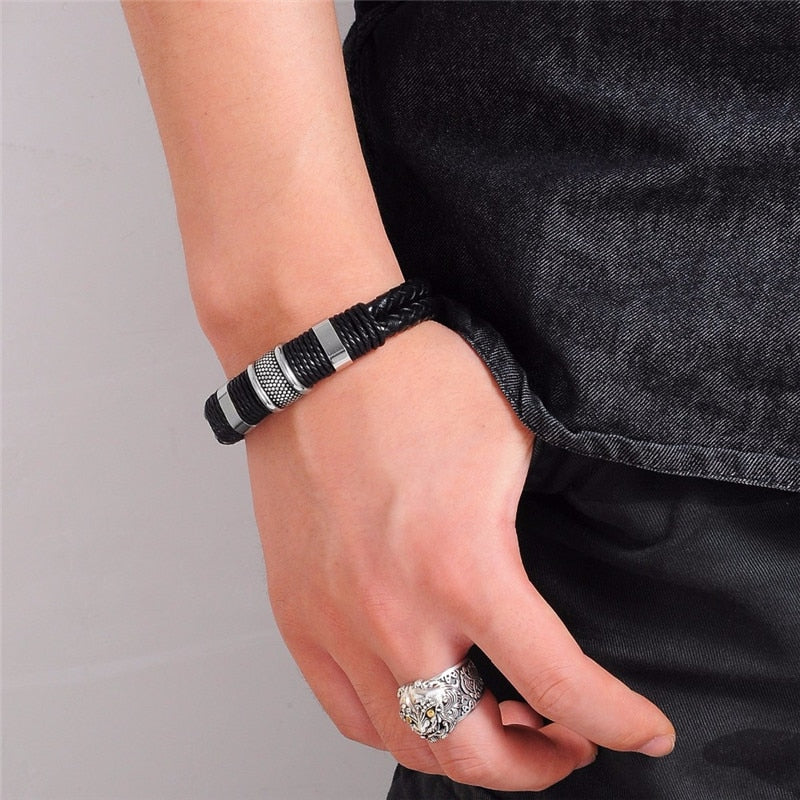 Black Braid Woven Leather Bracelet