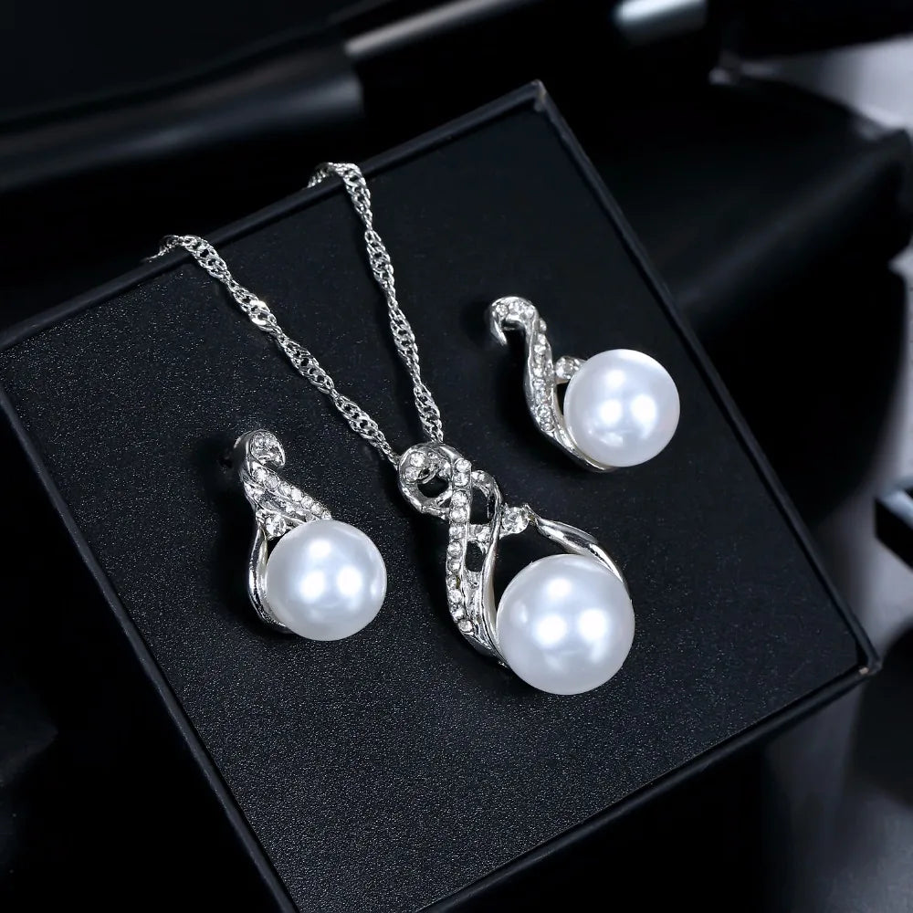 Trendy Jewelry Sets Wedding Silver Color Earrings Simulated Pearl Jewelry Set Women Necklace Set Bijoux collier brincos