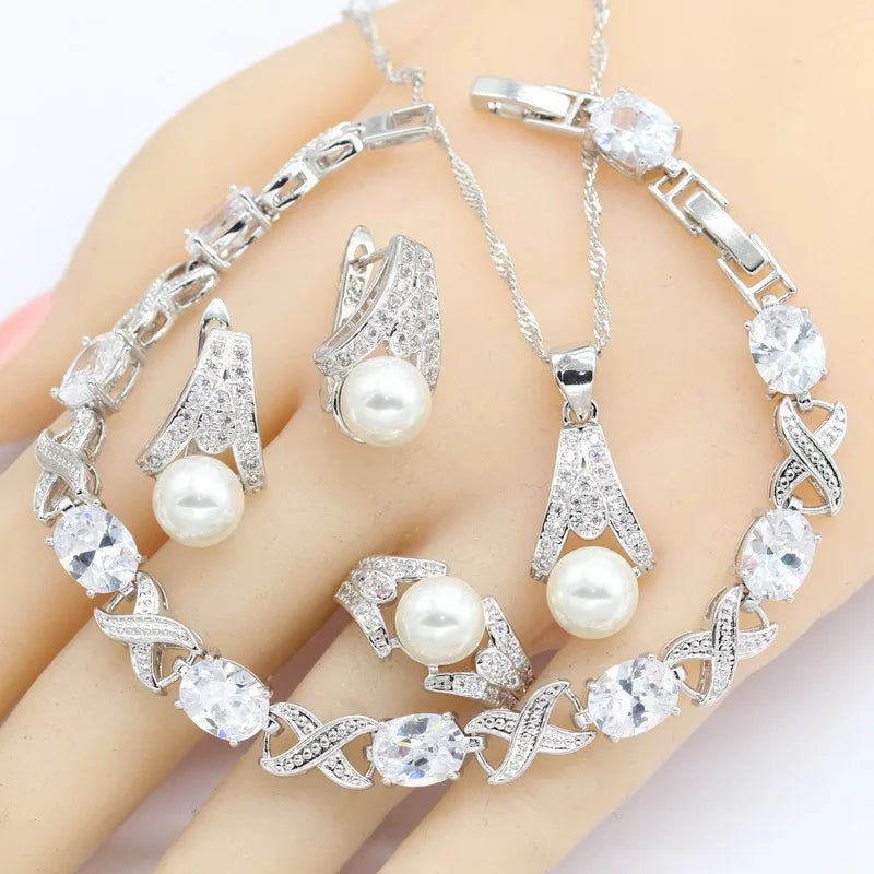 White Freshwater Pearl Silver Color Jewelry Sets Women Bracelet Earrings Necklace Pendant Rings Wedding Gift Box