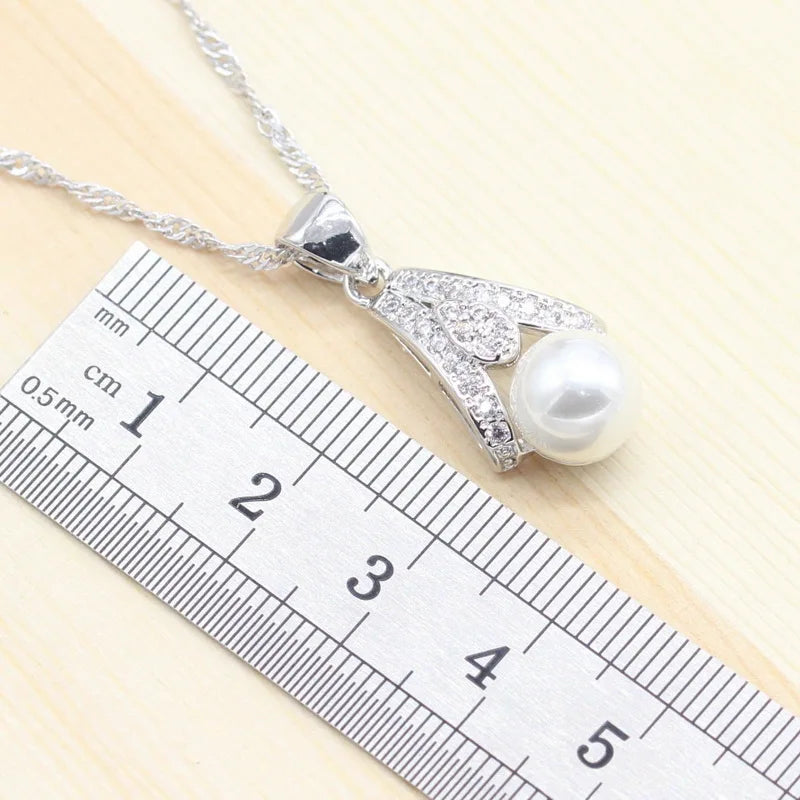 White Freshwater Pearl Silver Color Jewelry Sets Women Bracelet Earrings Necklace Pendant Rings Wedding Gift Box