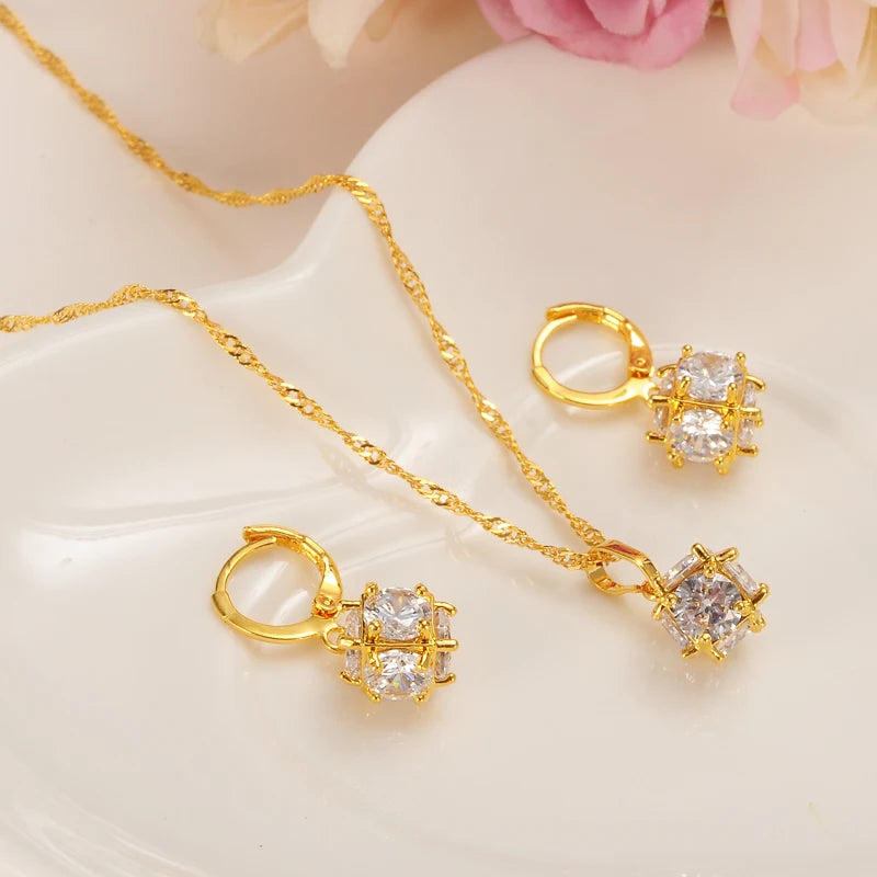 Gold Color Jewelry Sets for Women 18K Plating Earrings and Pendant with Necklace Fashion Party Jewelry