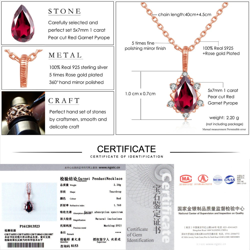 Teardrop Natural Red Garnet Gemstone 925 Sterling Silver Necklace