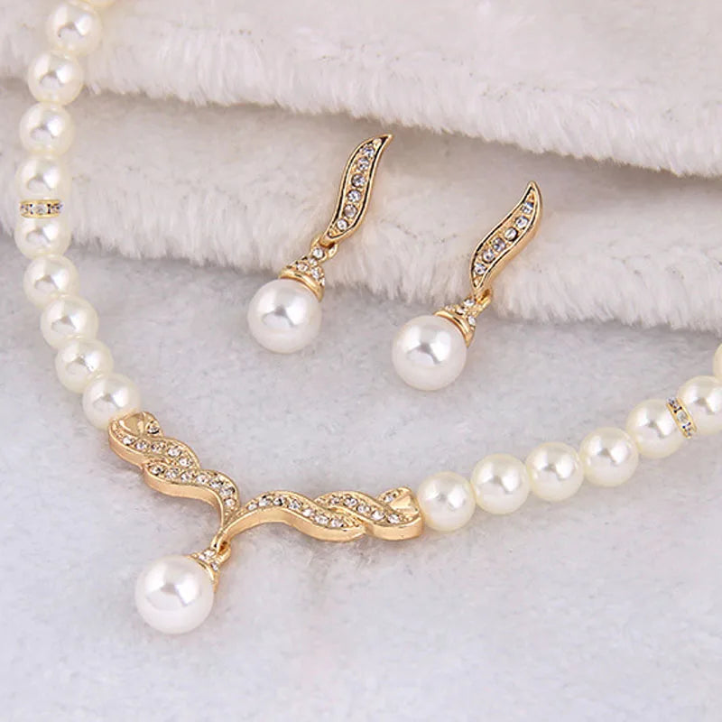 KUNIU Creative Gold Color Necklace 1Pair Earrings Wedding Bridal Pearl Rhinestone Jewelry Lady Female jewellery set for women