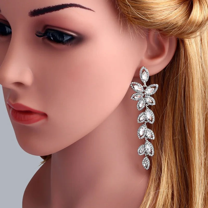 Gold Silver Color Crystal Bridal Jewelry Sets Leaves Shape Bridal Bracelet Earrings Wedding Jewelry Sets for Women