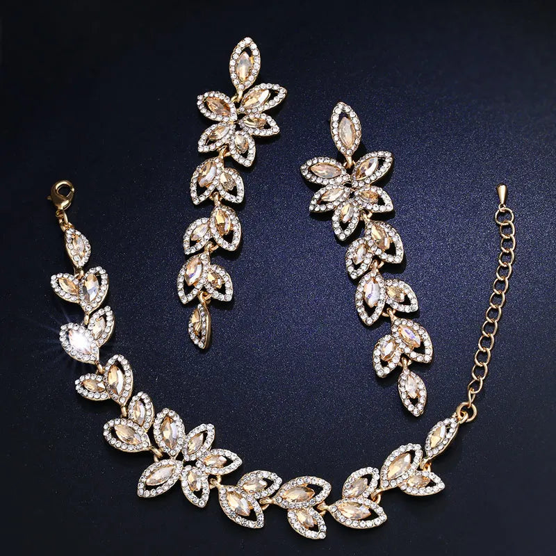Gold Silver Color Crystal Bridal Jewelry Sets Leaves Shape Bridal Bracelet Earrings Wedding Jewelry Sets for Women