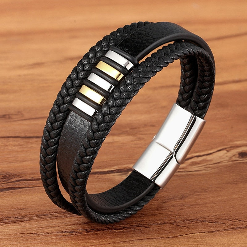 Experience masculine elegance with this Genuine Leather/Stainless Steel Bracelet! Designed with a Classic Shape and Geometric Pattern, this timeless men's bracelet radiates classic style. Let this refined, braided black bracelet elevate your style!