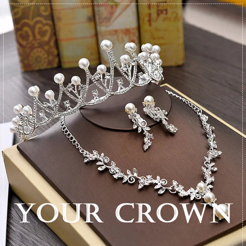 Luxury Bridal Necklace Wedding Jewelry Sets for Brides Jewellery Pearl Tiara Crown Earrings Set Birthday Party Women Accessories