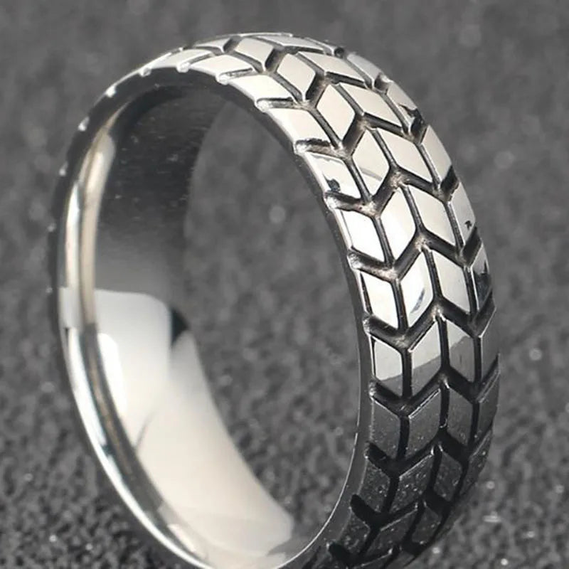 6MM Gold Silver Color Stainless Steel Ring Cool Motorcycle Tire Rings for Men Hip Hop Punk Geometric Striped Ring Wedding Band