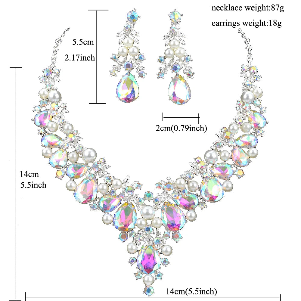 Delicate Shining AB Crystal Simulated Pearl Jewelry Set Women Wedding Dress Necklace Earrings Bridal Party Jewellery Accessories