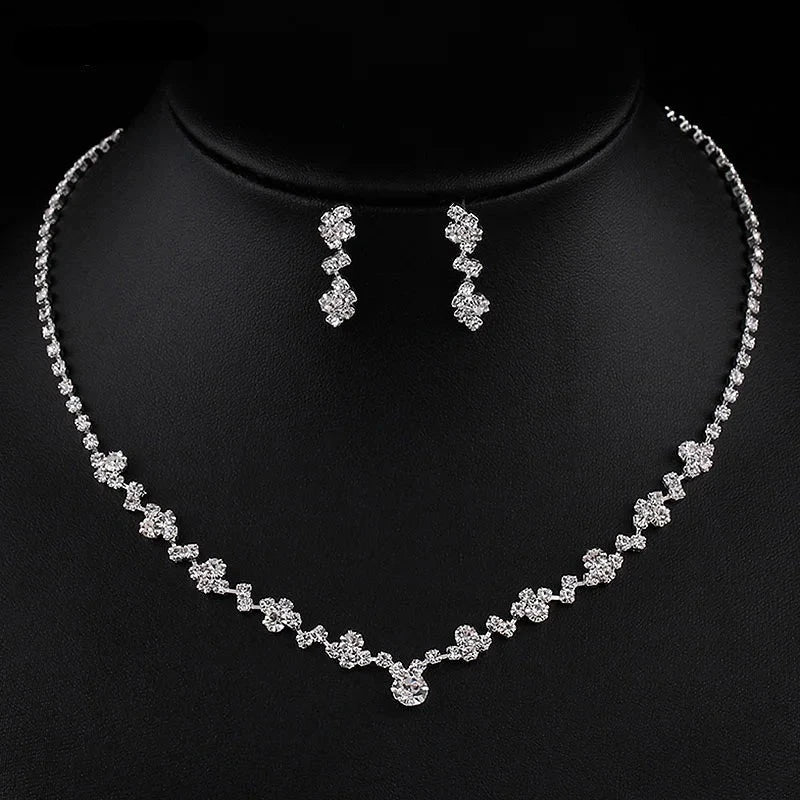 Fashion Crystal Bridal Jewelry Sets Silver Color Geometric Choker Necklace Earrings Bracelet Wedding Jewelry Sets