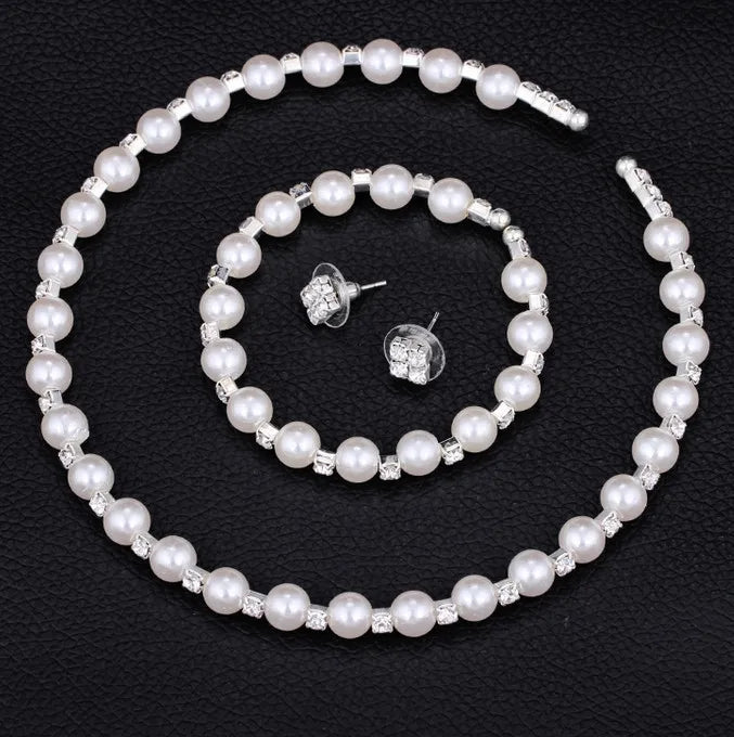 Fashion Wedding Bridal Jewelry Set Pearl Party Prom Silver Color Crystal Bracelet Necklace Earrings for Women jewellery sets