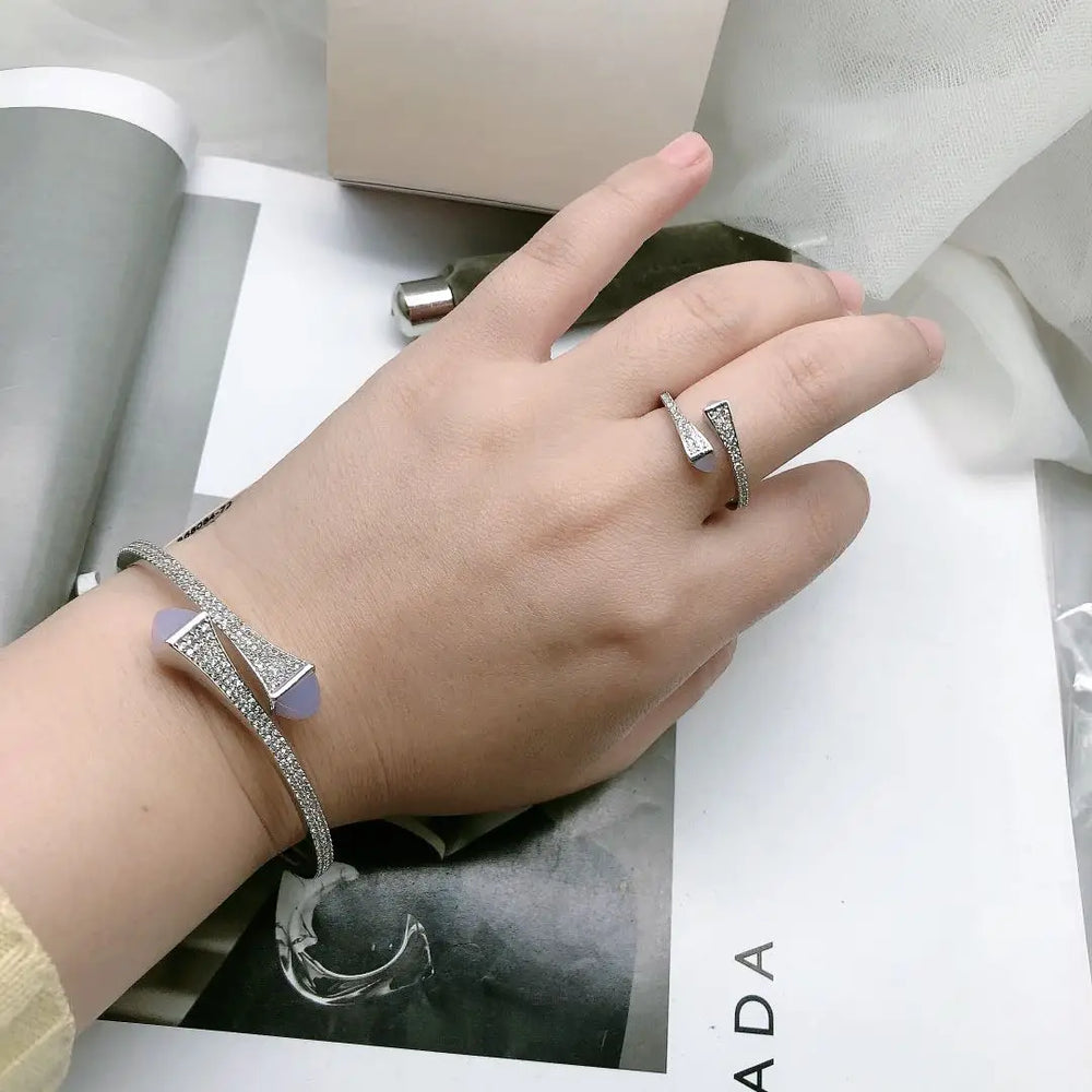 2025 New Romatic Women Fashion 2 Pcs Bracelet & Ring Set Candy color stone Simple Design Gold Open Cuff Bangle Ring Jewelry Set