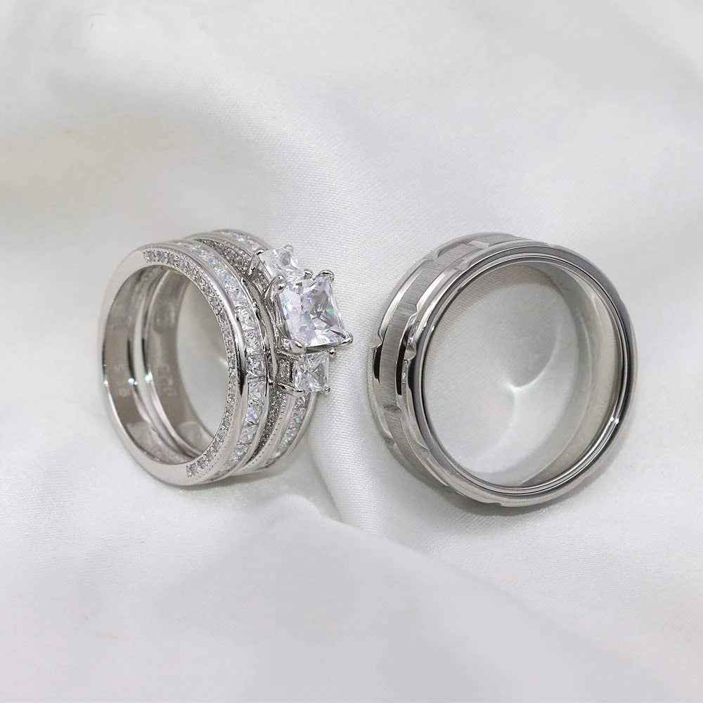 This set of couple rings features exquisite rhinestones and zirconia, with a simple stainless steel design for women and men. It is a fashionable piece of jewelry perfect for giving as a gift to a loved one.