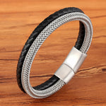 Experience masculine elegance with this Genuine Leather/Stainless Steel Bracelet! Designed with a Classic Shape and Geometric Pattern, this timeless men's bracelet radiates classic style. Let this refined, braided black bracelet elevate your style!