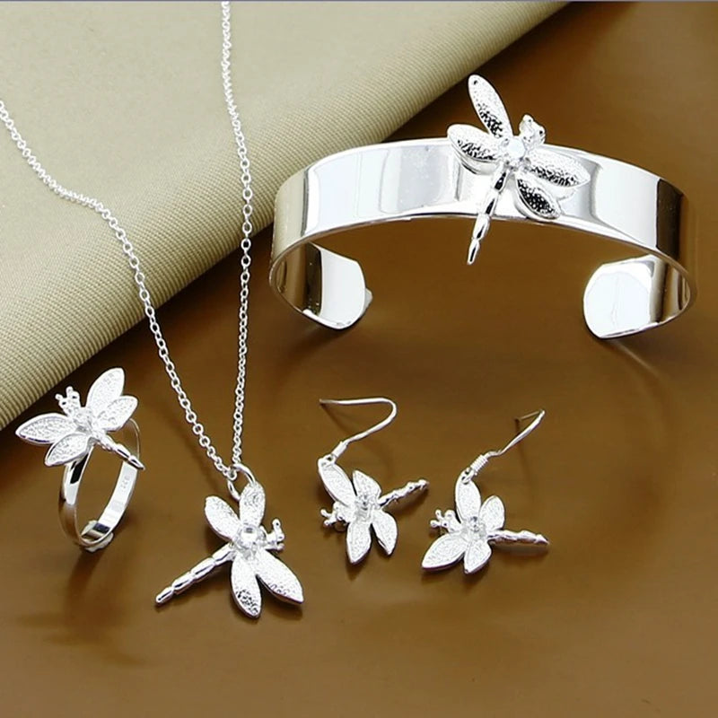 New Style 925 Sterling Silver AAA Zircon Dragonfly Necklace Earrings Ring Bracelet Set For Female Engagement Party Wedding Fashion