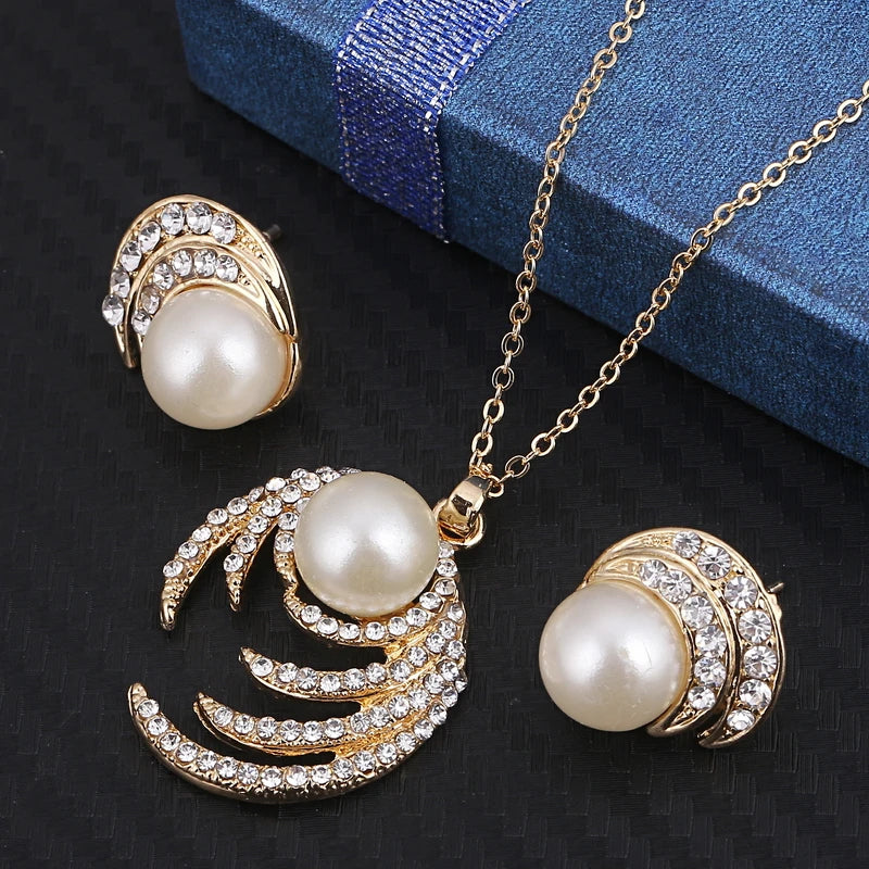 Simulated Pearl Jewelry Sets For Women Shinning Crystal Necklace Earrings Set Wedding Graceful Jewellery Sets