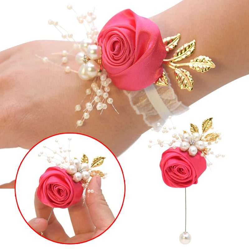 Girls Bridesmaid Wrist Flowers Wedding Prom Party Boutonniere Satin Rose Bracelet Fabric Hand Flowers Wedding Supply Accessories