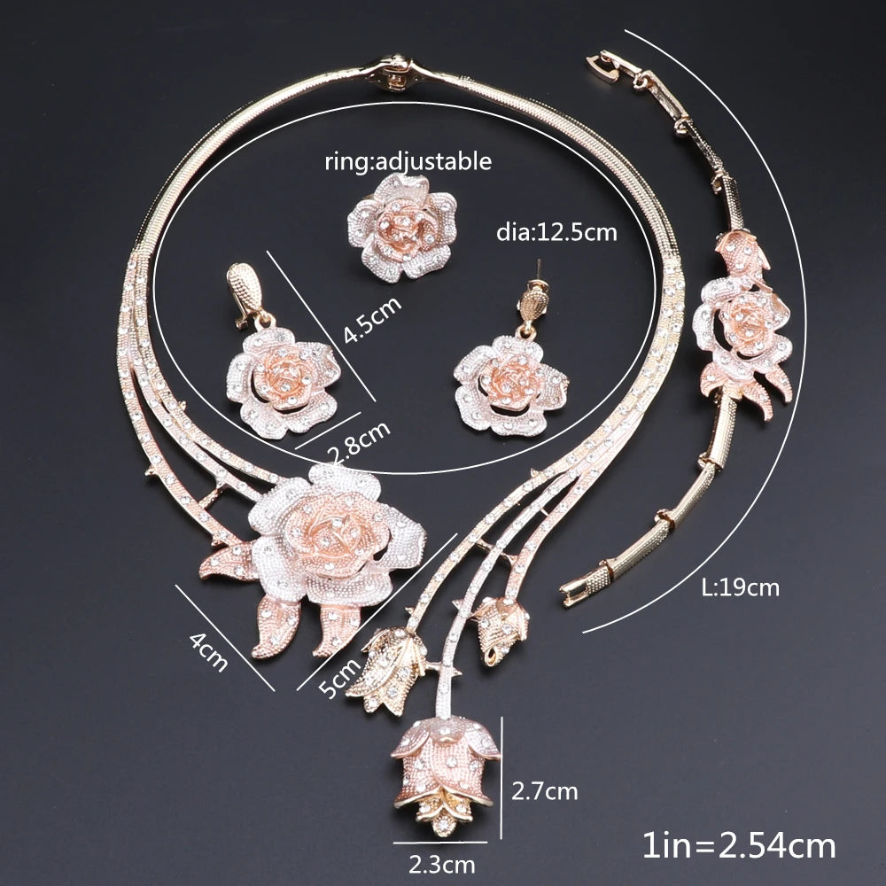 Enhance your wedding day style with this elegant jewelry set, consisting of a gold-colored crystal rose flower necklace, earrings, ring, and bangle, ideal for bridal accessories.