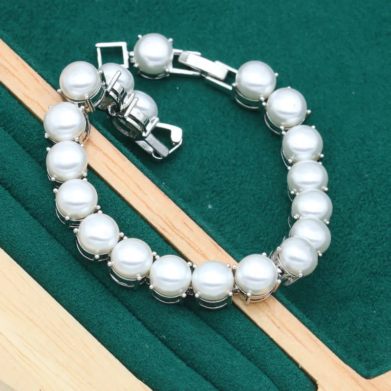 Pearl 925 Silver Jewelry Sets for Women Wedding White Zircon Bracelet Earrings Necklace Pendant Ring Holiday Gift