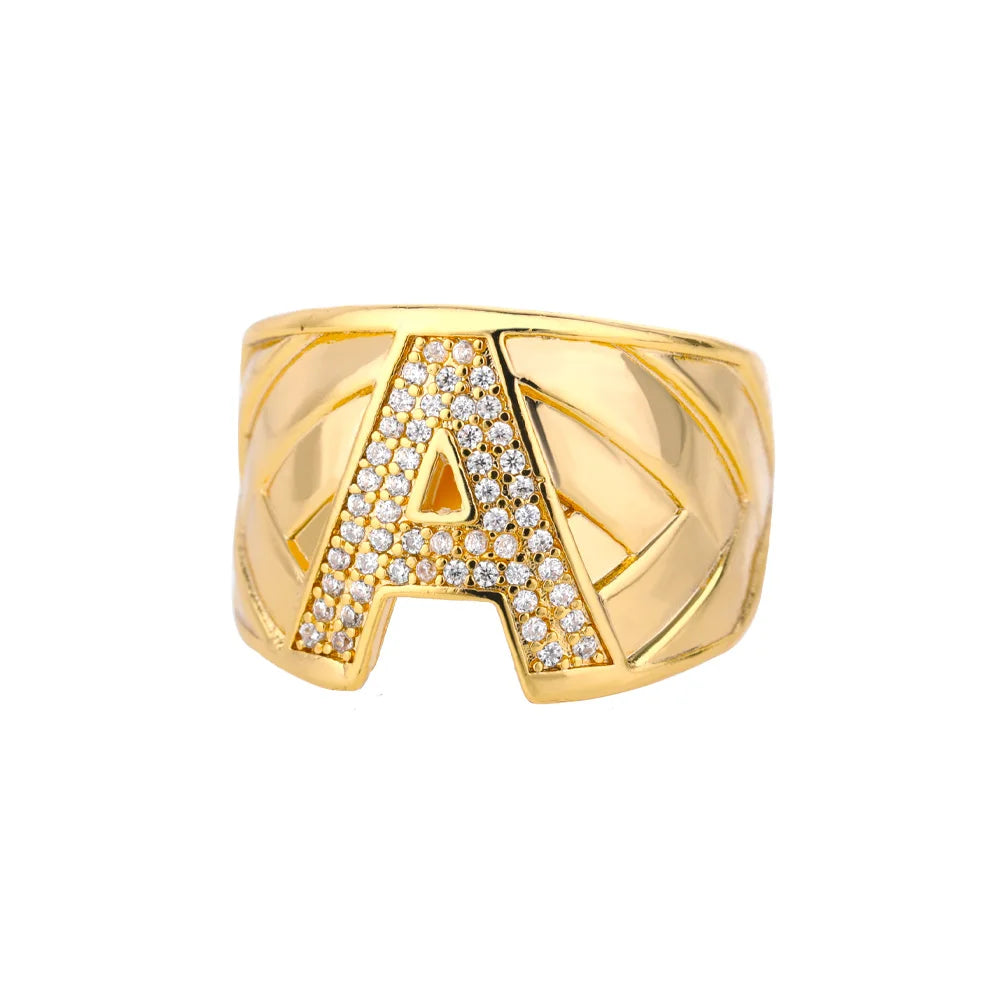 Chunky Wide Zircon Initial Letter Rings For Women Stainless Steel Opening Finger Ring Hip Hop Minimalist Jewelry Gift Femme