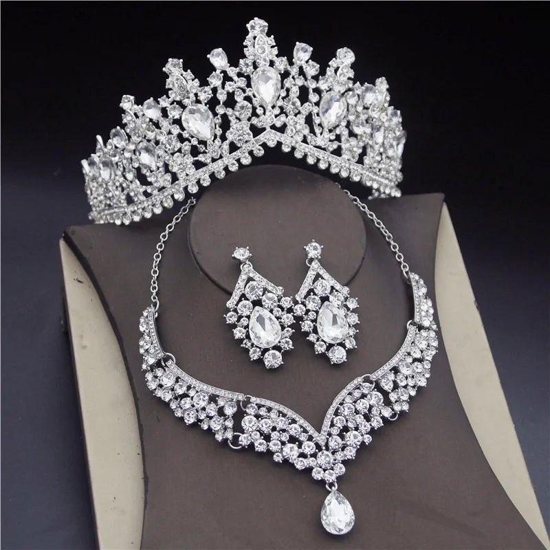 Baroque Crystal Water Drop Bridal Jewelry Sets Rhinestone Tiaras Crown Necklace Earrings for Bride Wedding Dubai Jewelry Set