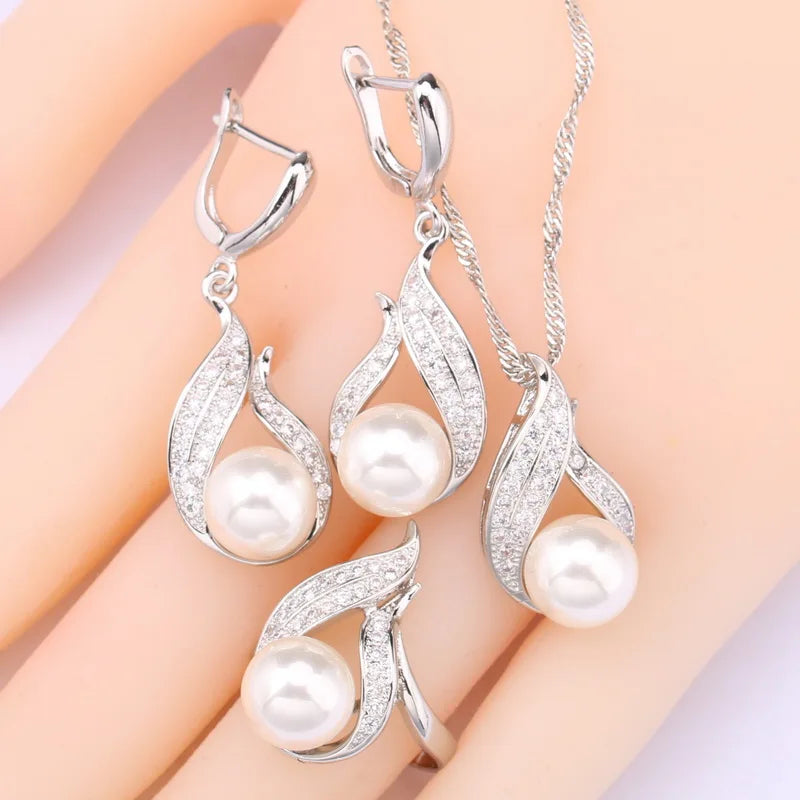 Natural White Pearl Necklace Set For Women Zircon Jewellery Sets Bracelet Earrings Rings Wedding Gift