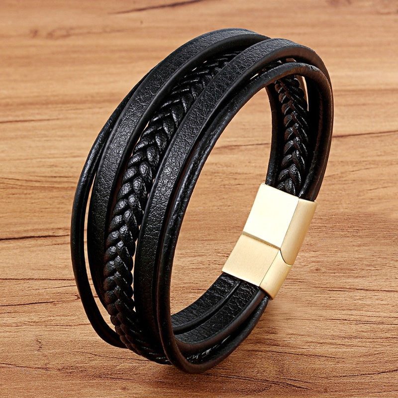 Experience masculine elegance with this Genuine Leather/Stainless Steel Bracelet! Designed with a Classic Shape and Geometric Pattern, this timeless men's bracelet radiates classic style. Let this refined, braided black bracelet elevate your style!