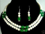 new Style Hot sale*2 color- 2 row 7-8mm white pearl & green/red stone necklace earring set Fashion Wedding Party Jewellery