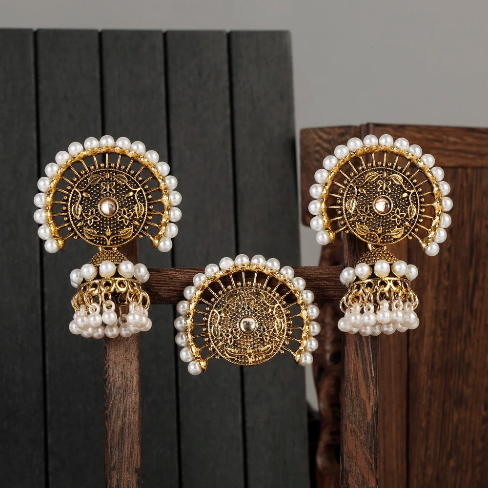Bohemia Indian Jewelry Sets Bollywood Bridal Gold Color Earrings Ring Pearl Wedding Sieraden Women Fashion Jewellery Set